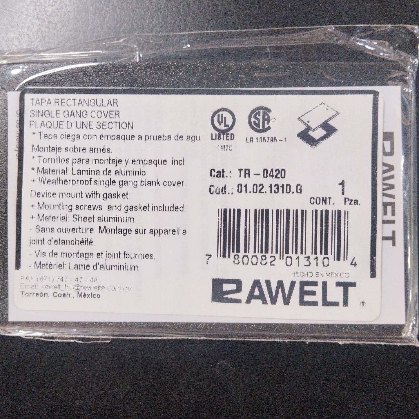 Tapa rectangular ciega con empaque. RAWELT TR-0420