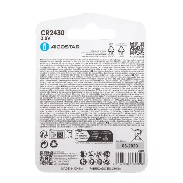 BLISTER 2 PZS PILA DE BOTÓN MONEDA RELOJ 3V CR2430 LITIO AIGOSTAR ZQ003