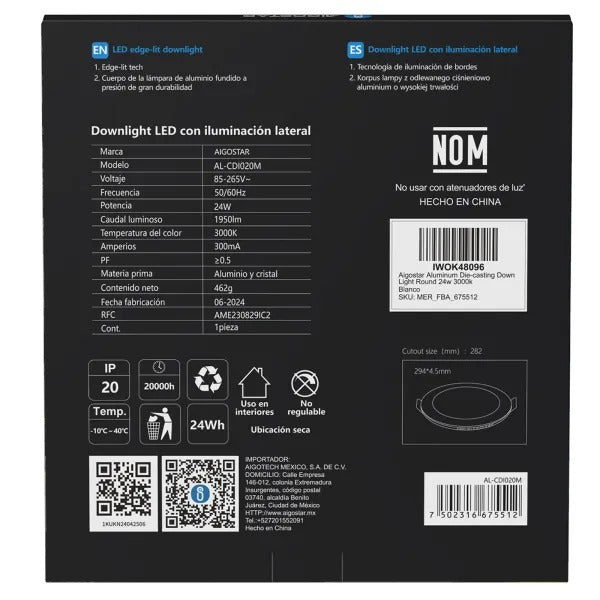 PANEL SLIM EMPOTRADO LED REDONDO 24W 30K LUZ CÁLIDA AIGOSTAR 675512