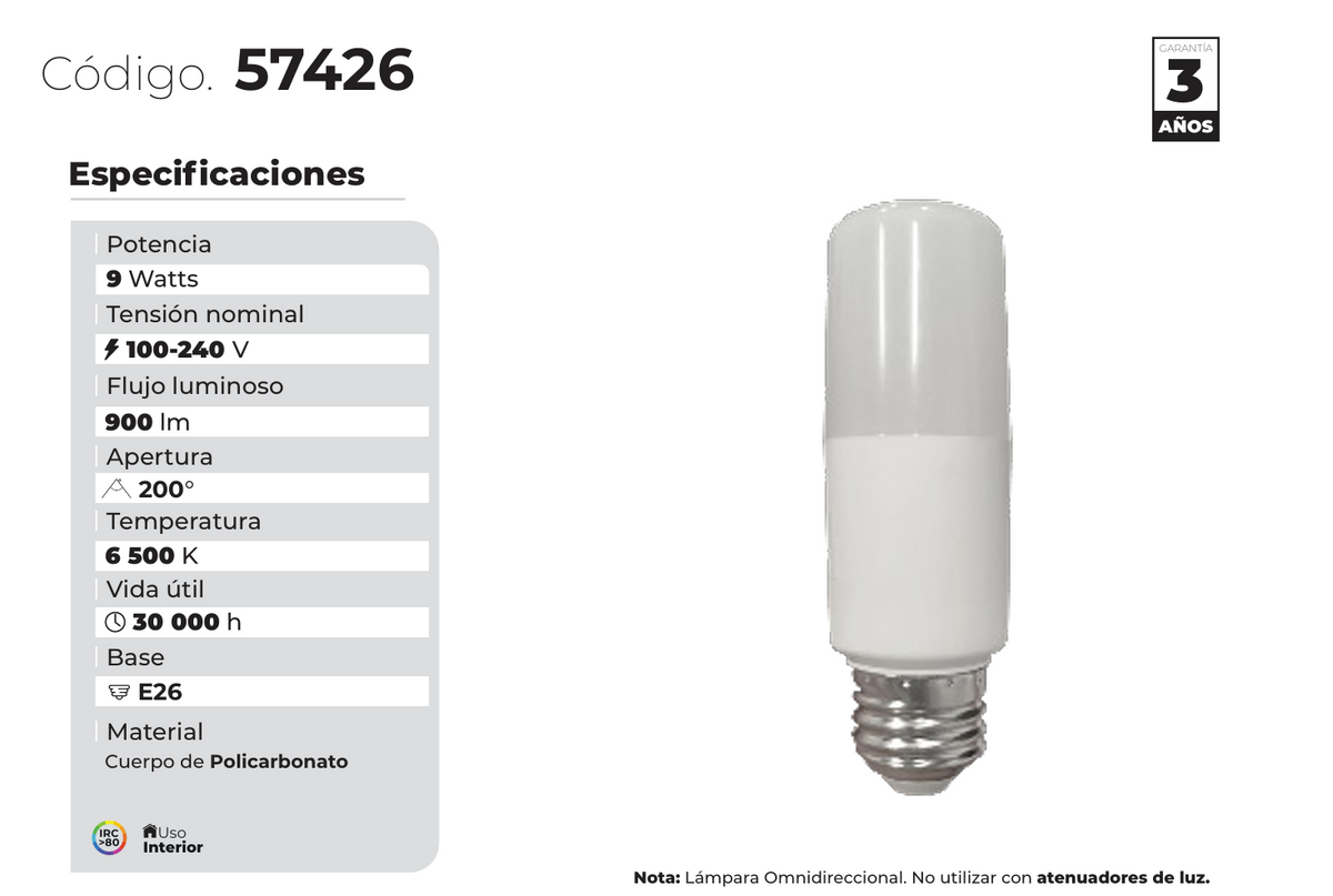 FOCO LED TIPO CAPSULA BALA 9W 900LM 30K LUZ CÁLIDA PHILCO 57426