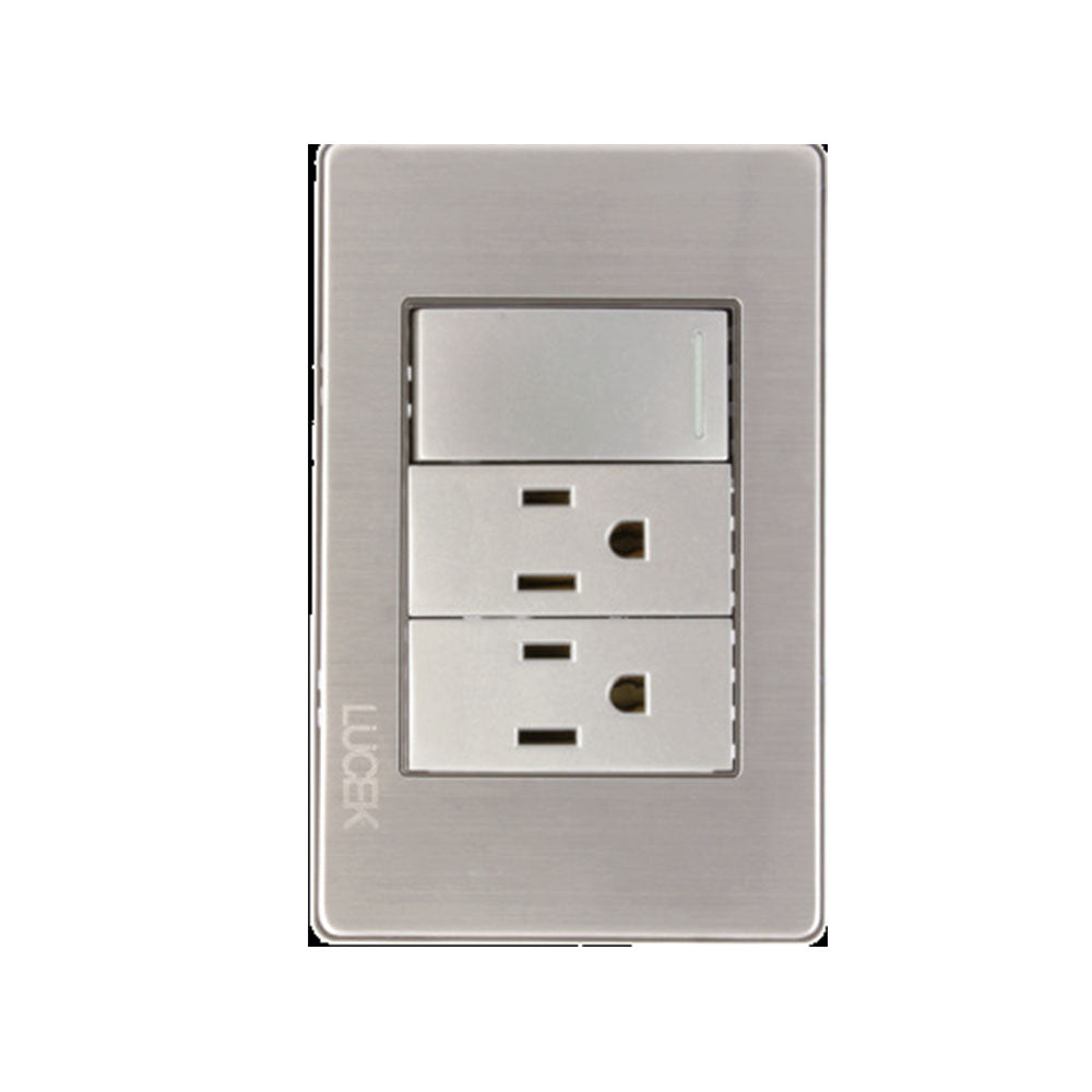 PLACA METALICA CON 1 INTERRUPTOR DE ESCALERA Y 2 CONTACTOS DE 1 MODULO ANODIZADO