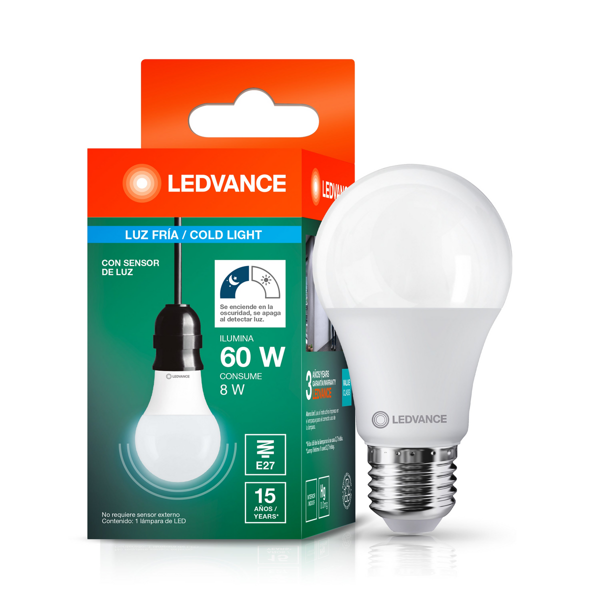 FOCO LED CON FOTOCELDA E27 8W 800LM 65K LUZ FRÍA LEDVANCE 91709