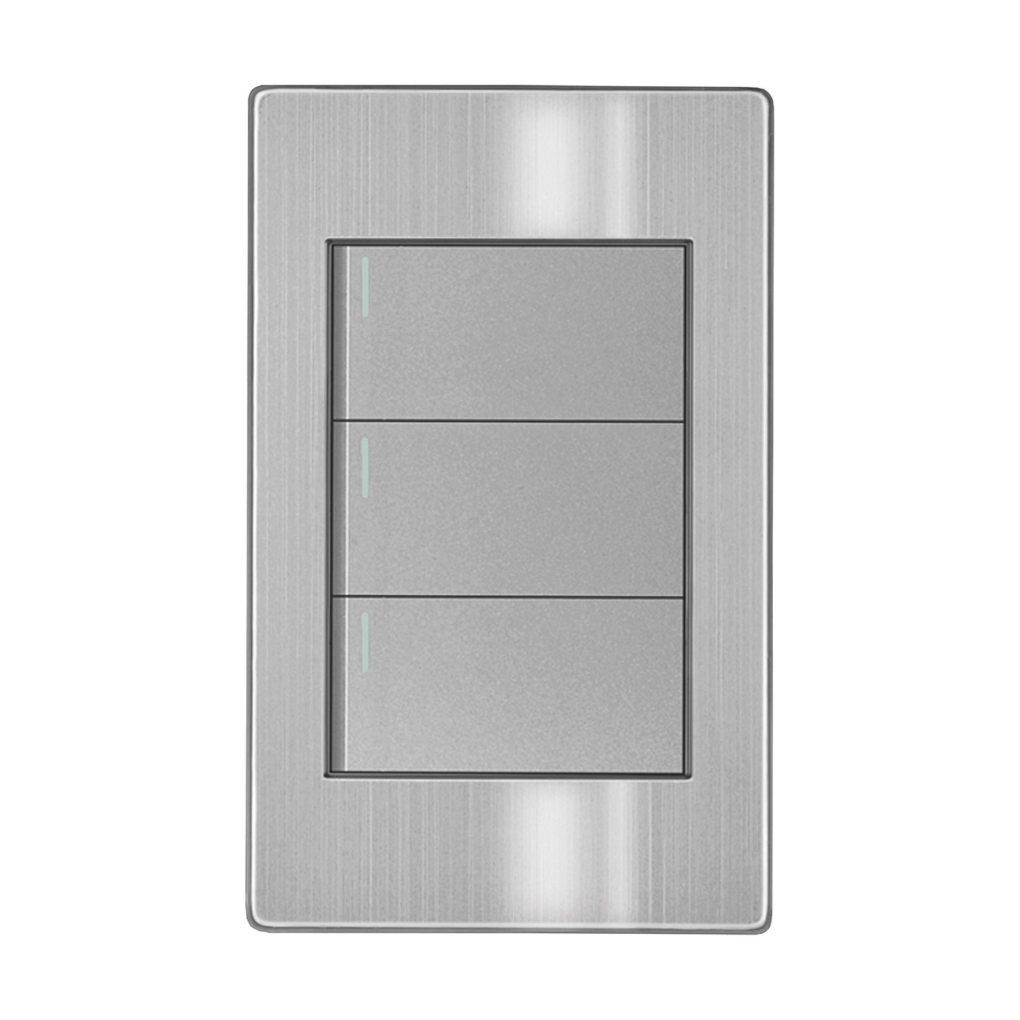 PLACA APAGADOR DE 3 INTERRUPTOR Y 3 VIAS GRIS ACERO INOXIDABLE CON CHASIS CON TRIPLE APAGADOR