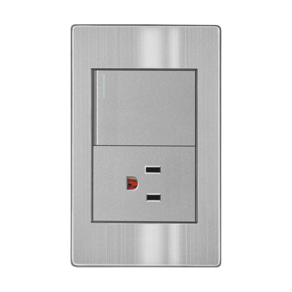 PLACA CON APAGADOR SENCILLO DE 3 VIAS Y UN CONTACTO ATERRIZADO APL-105 ARTLITE ACERO INOXIDABLE CON TAPA Y CHASIS ARMADO