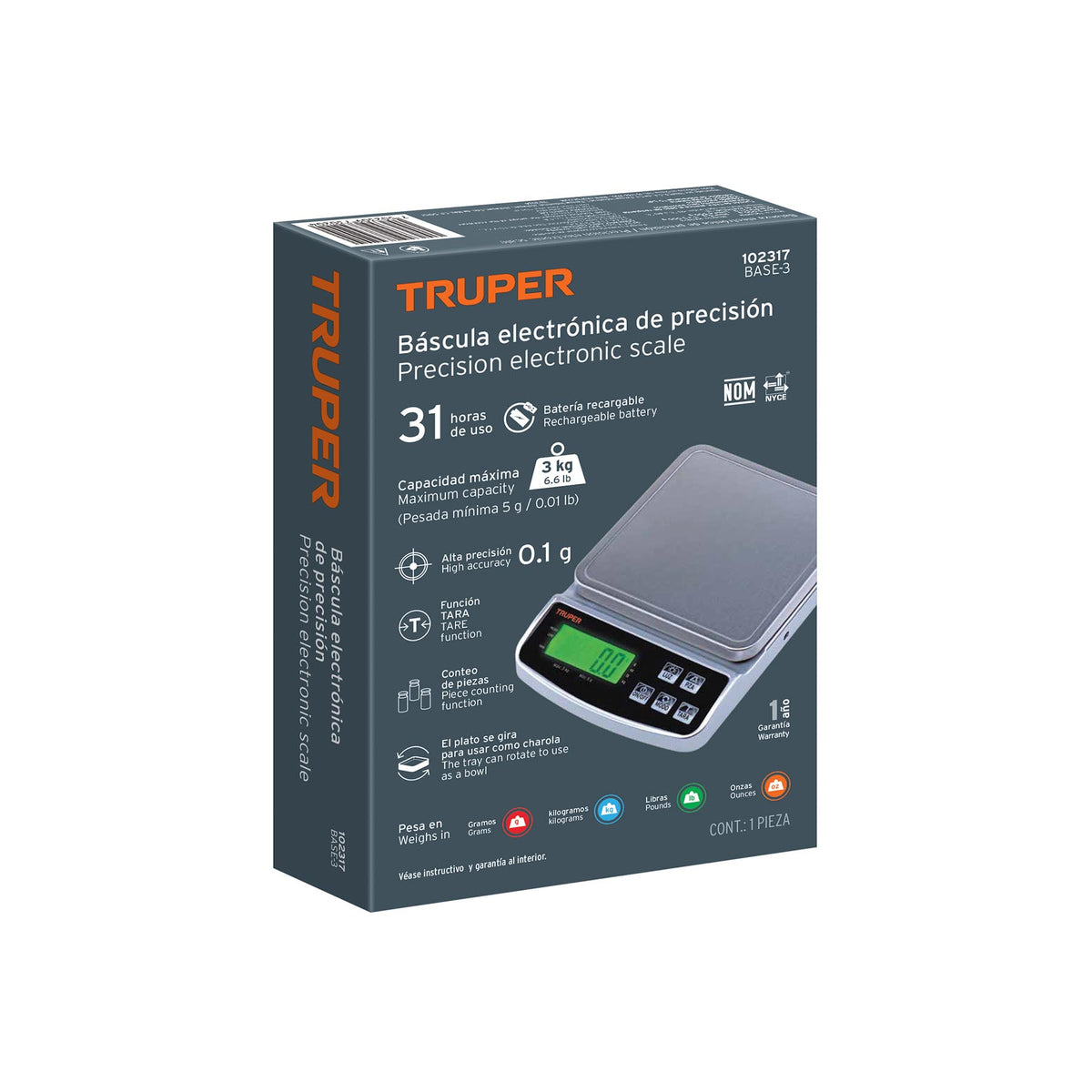 Báscula electrónica de precisión, recargable, 3 kg, TRUPER — foto oficial 2