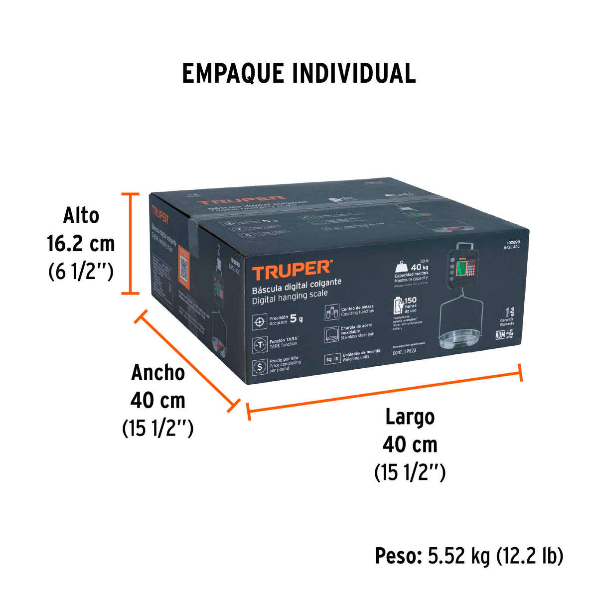 Báscula electrónica colgante, recargable, c/charola, 40 kg, Truper, SKU 102898 — vista 5