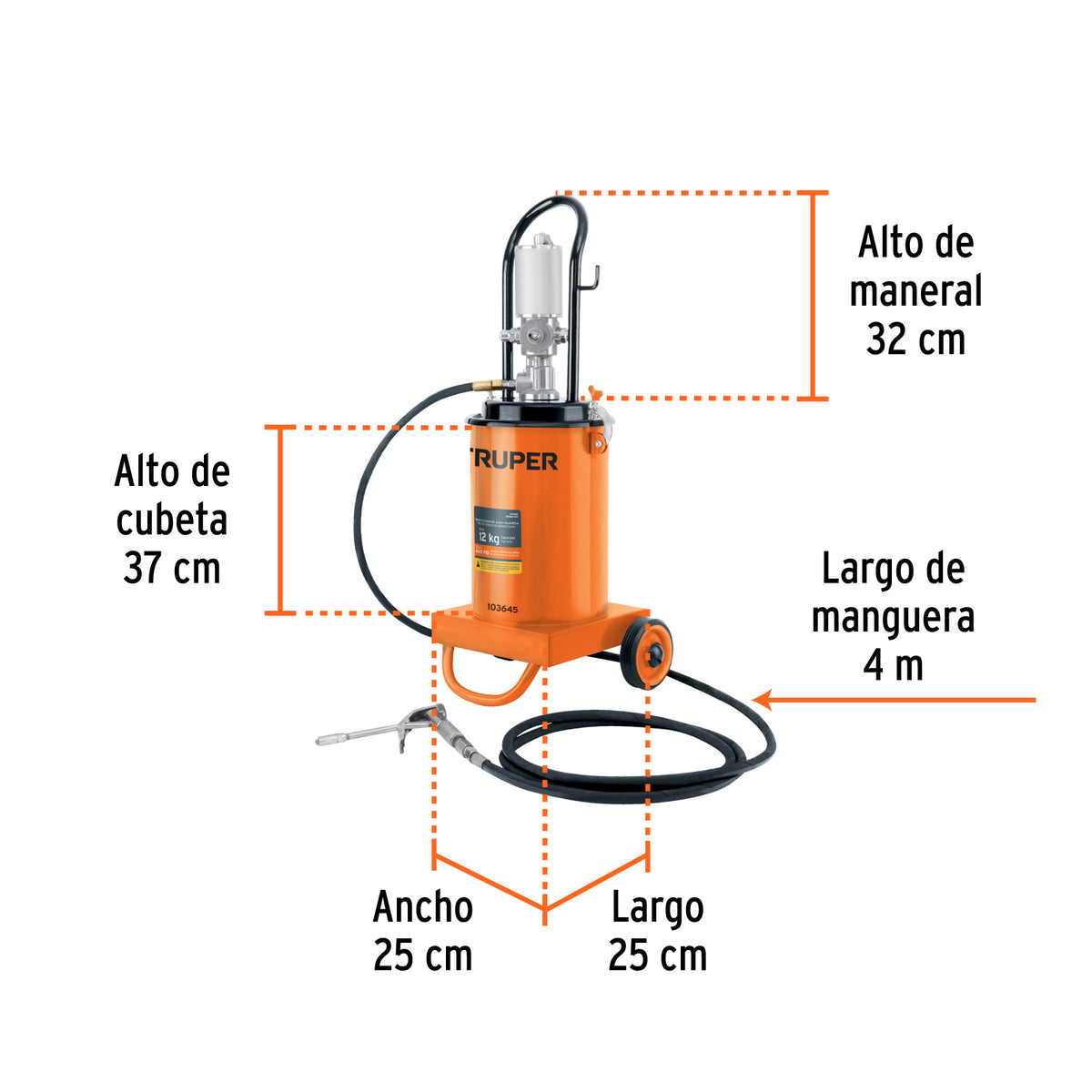 Bomba Inyectora Neumática de grasa, 12 Kg, TRUPER, Truper, SKU 103645 — vista 3