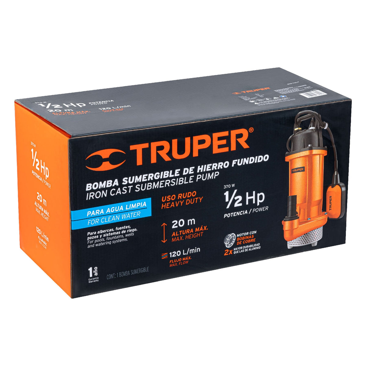 Bomba sumergible hierro fundido agua limpia 1/2 HP, TRUPER — foto oficial 2