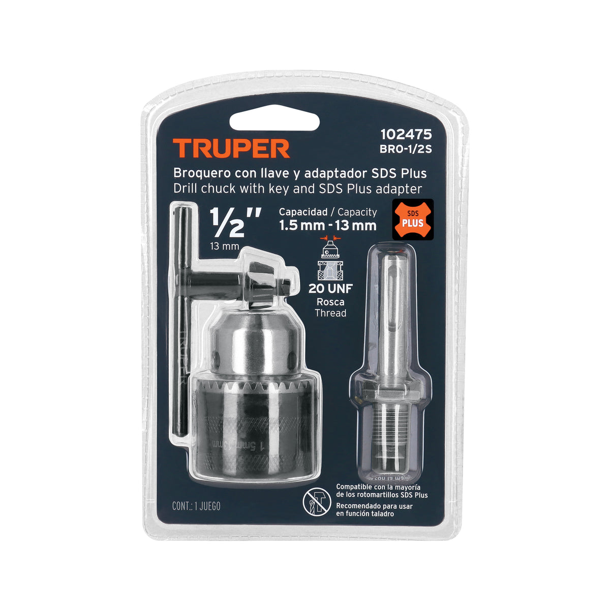 Broquero 1/2' con llave y adaptador SDS Plus, TRUPER — foto oficial 2