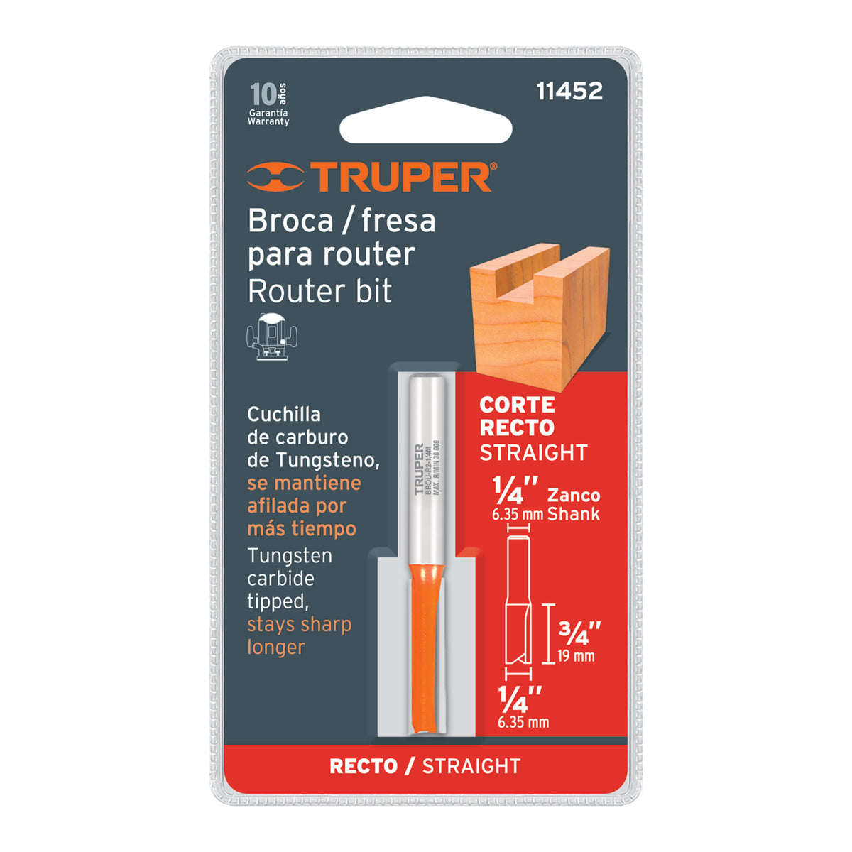 Broca para router, recta 2 filos, 1/4', mediana, TRUPER — foto oficial 2