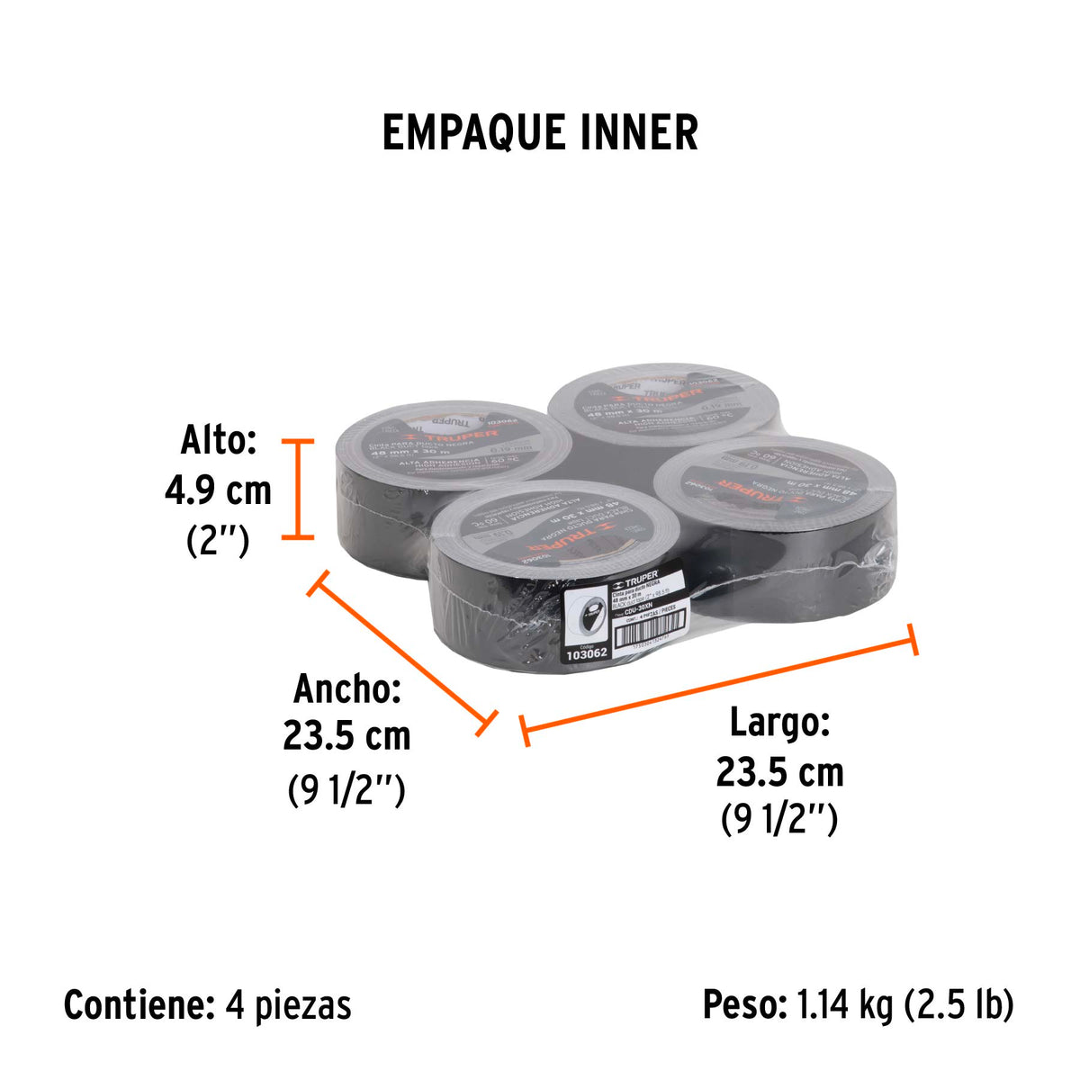 Cinta negra para ducto 30m x 48mm, espesor 0.19mm, TRUPER, Truper, SKU 103062 — vista 6