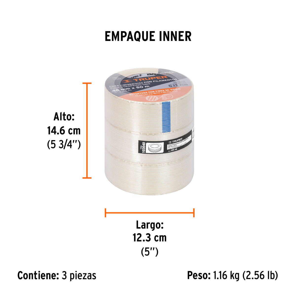 Cinta flejadora con filamentos 48mm x 50 m, transparente, Truper, SKU 103040 — vista 6