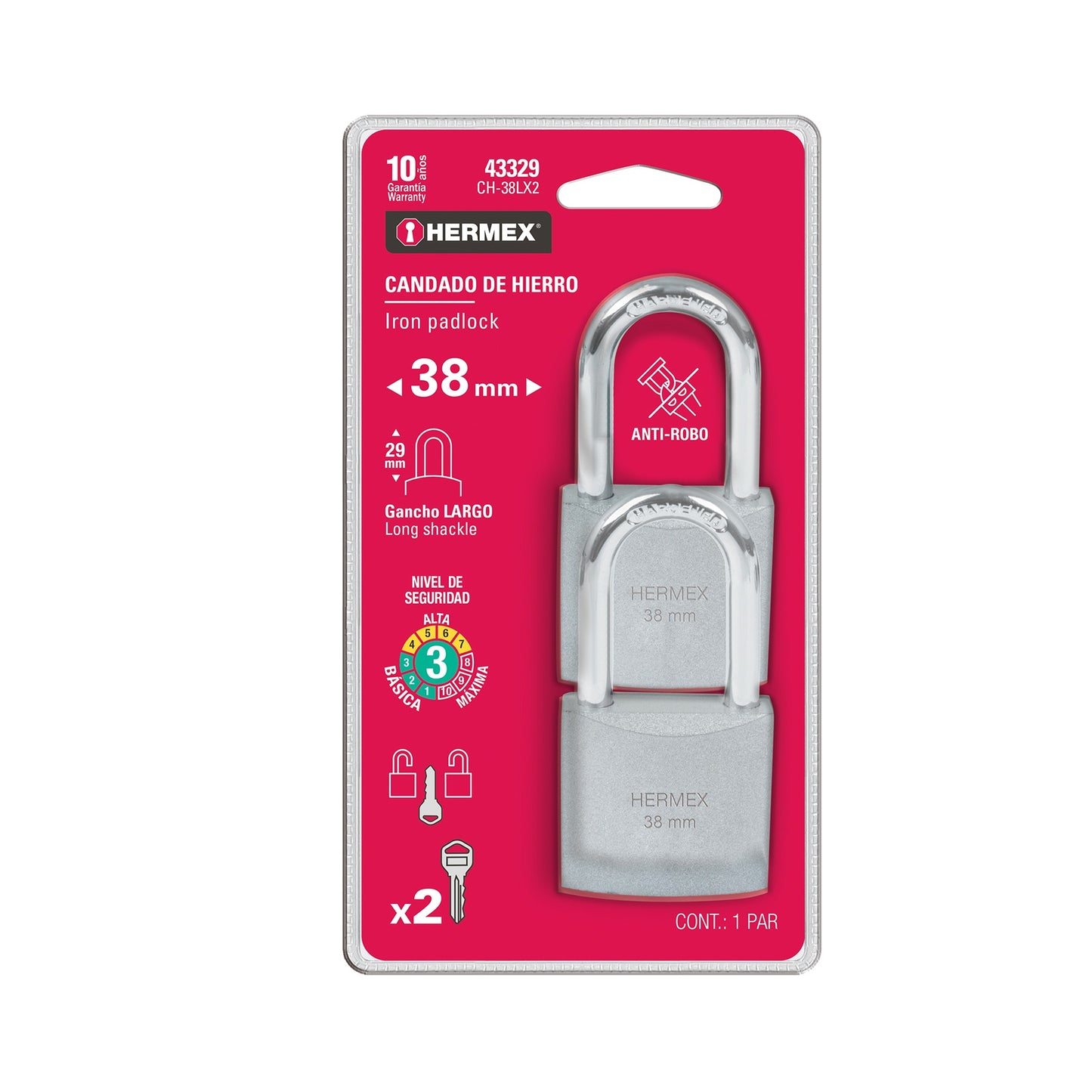 BLÍSTER 2 CANDADO DE HIERRO 38MM GANCHO LARGO 43329 CH-38LX2