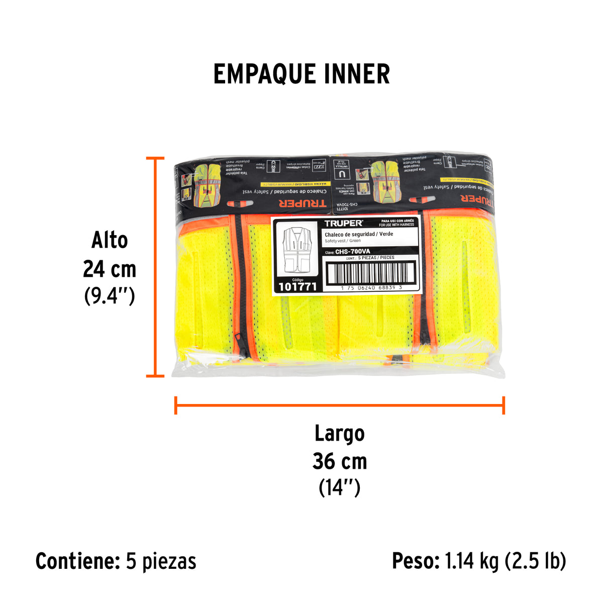 Chaleco de seguridad para arnés, alta visibilidad, verde, Truper, SKU 101771 — vista 6