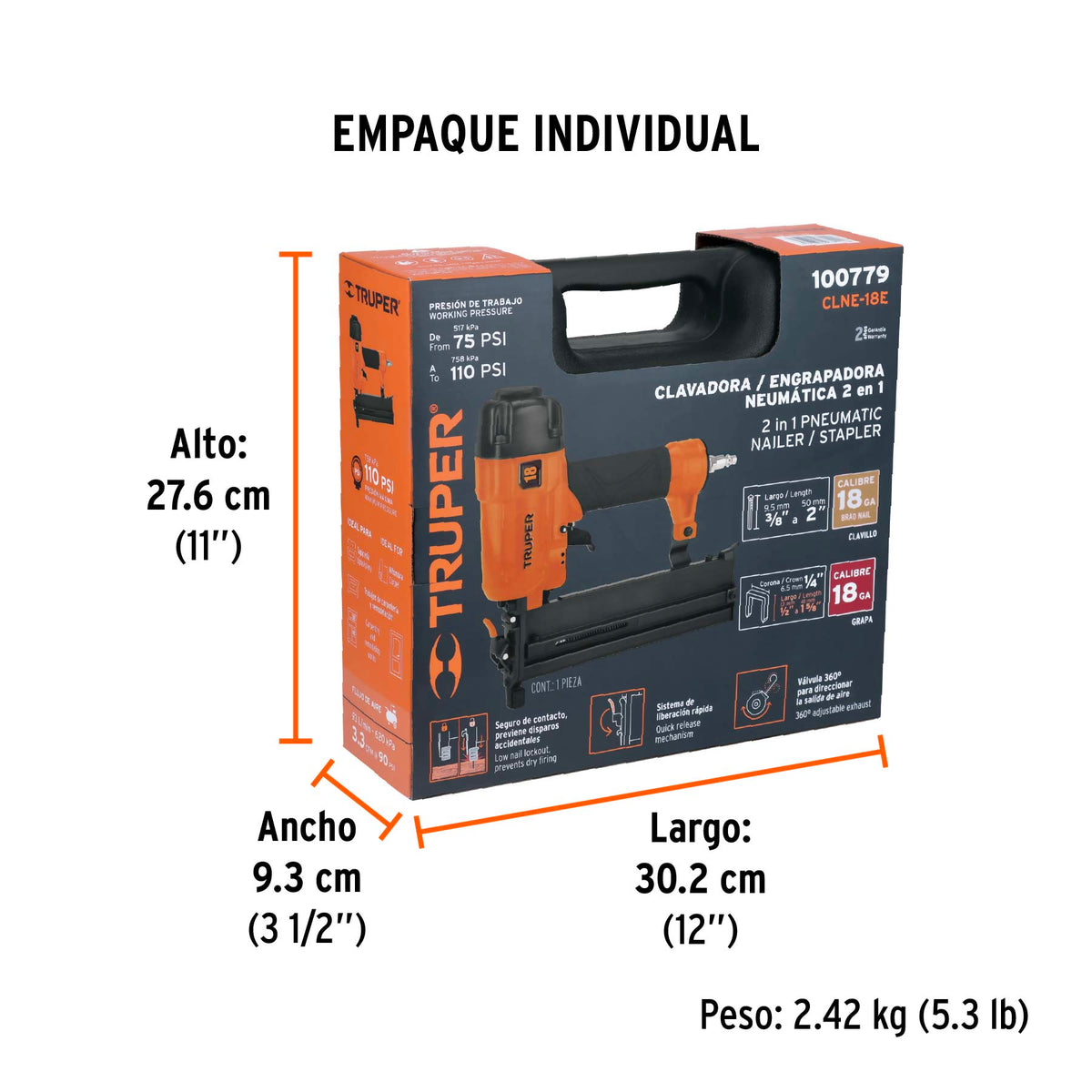 Clavadora y engrapadora neumática profesional, calibre 18, Truper, SKU 100779 — vista 5