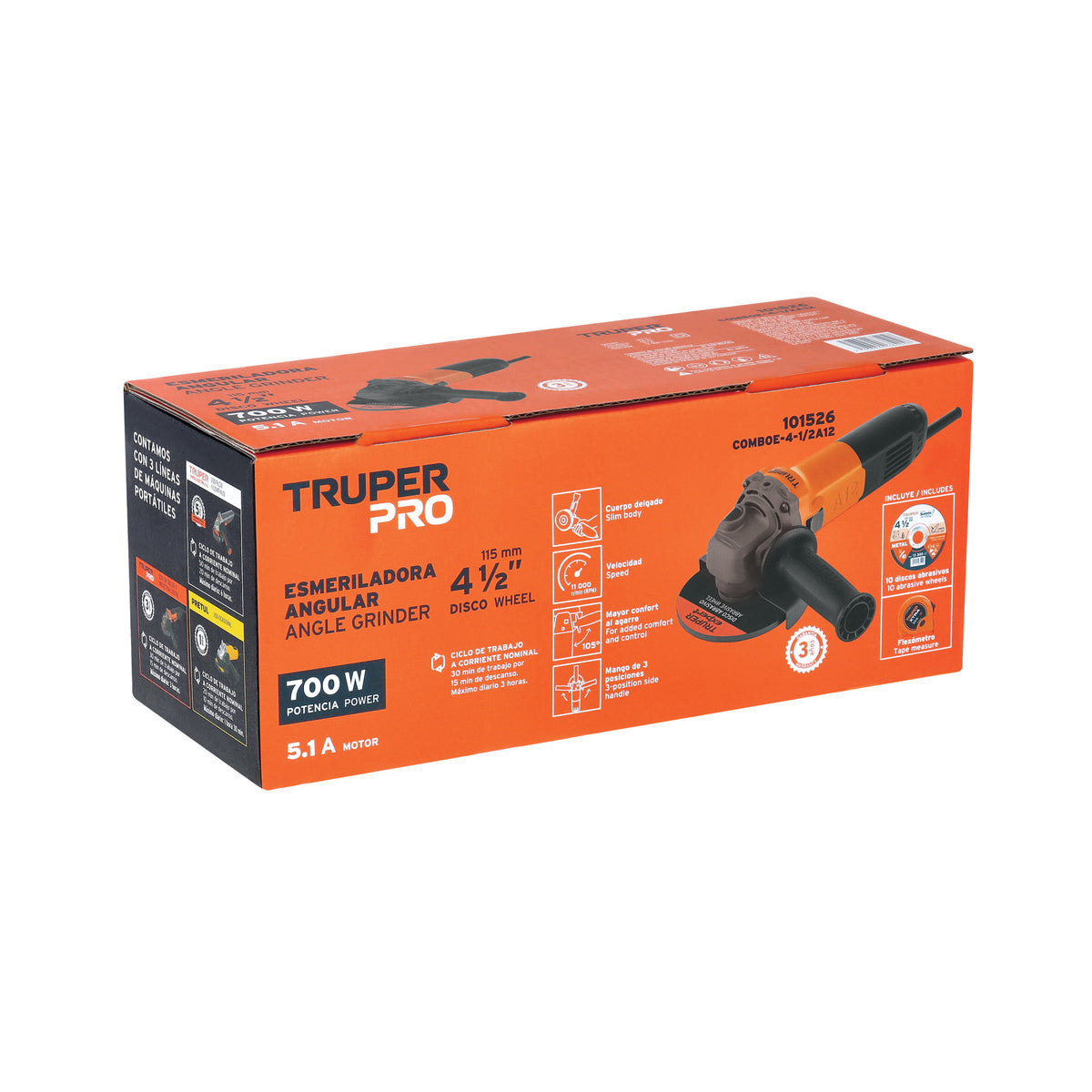 Combo esmeriladora 4-1/2', 700W, discos y flexómetro, PRO — foto oficial 2
