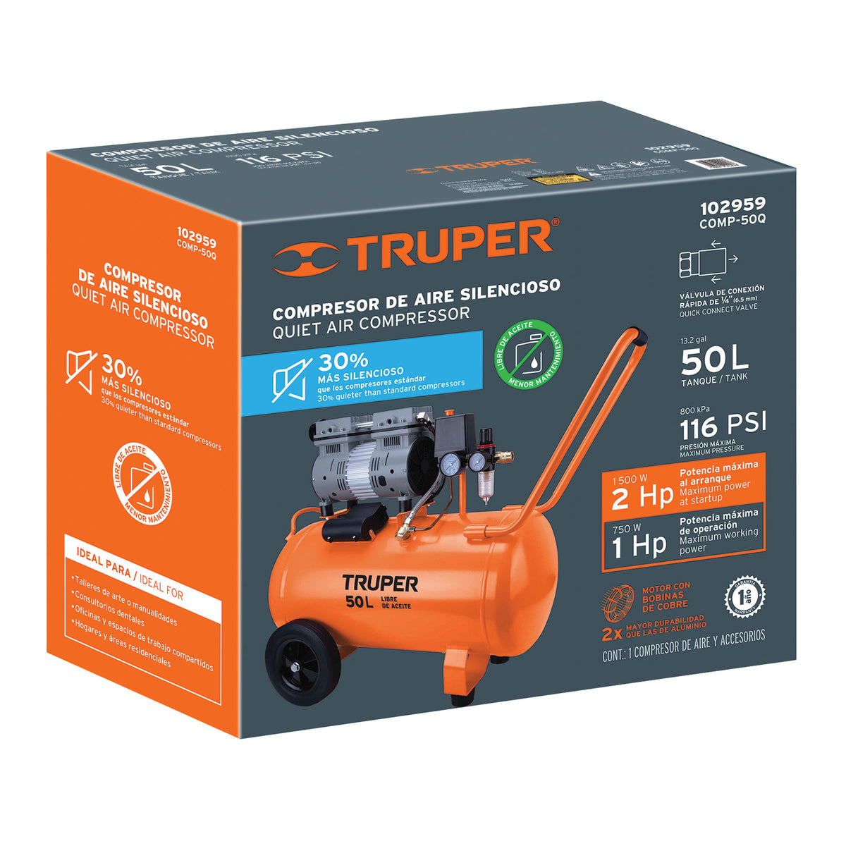 Compresor de aire, silencioso libre de aceite, 50 L, 2 HP — foto oficial 2