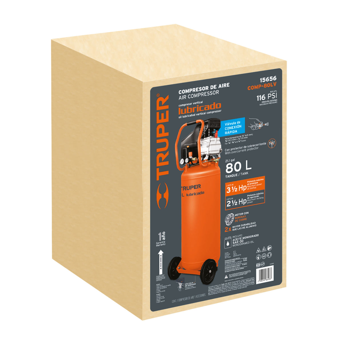 Compresor lubricado 80L 3-1/2HP vertical 127V TRUPER — foto oficial 2
