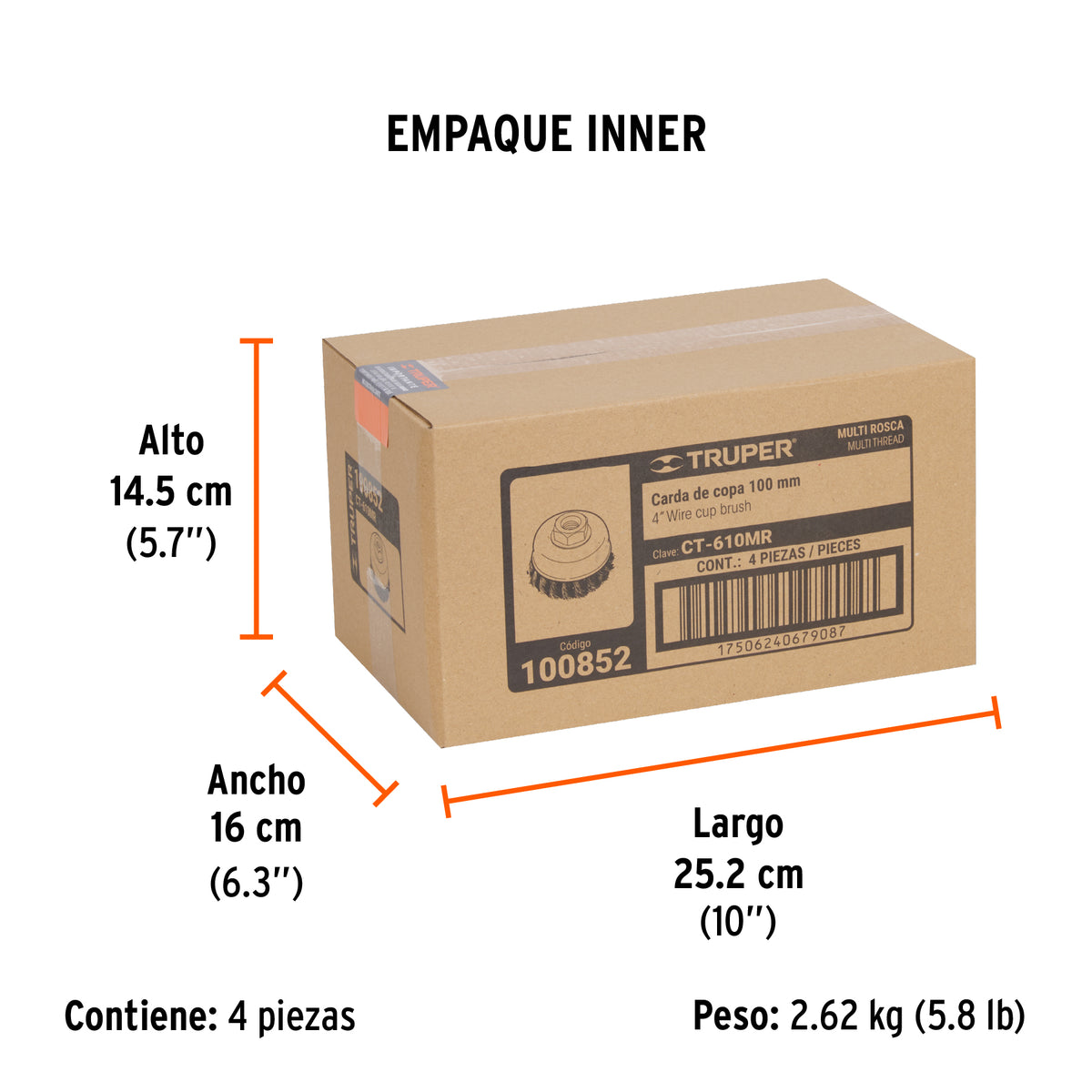 Carda copa 4' alambre trenzado fino, Multi-rosca, TRUPER, Truper, SKU 100852 — vista 6