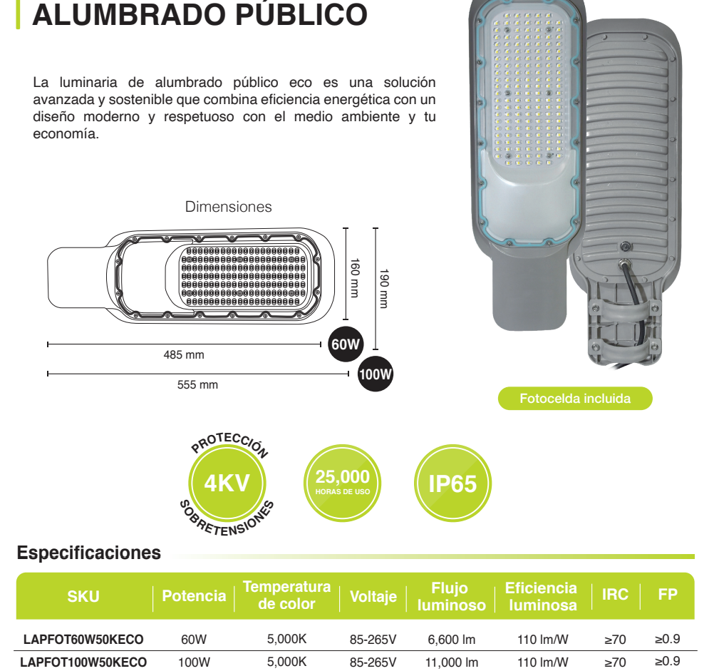 SUBURBANA STREETLIGHT LED FOTOCELDA 100W 50K LUZ FRÍA SUPRESOR DE PICOS 4KVA ICON LAPFOT100W50KECO