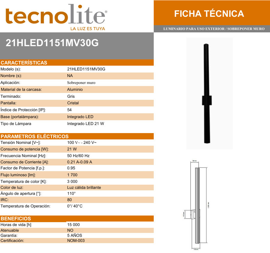 LÁMPARA LED MURO LINEAL NEGRO IK05 IP54 21W 30K LUZ CÁLIDA TECNOLITE 21HLED1151MV30G