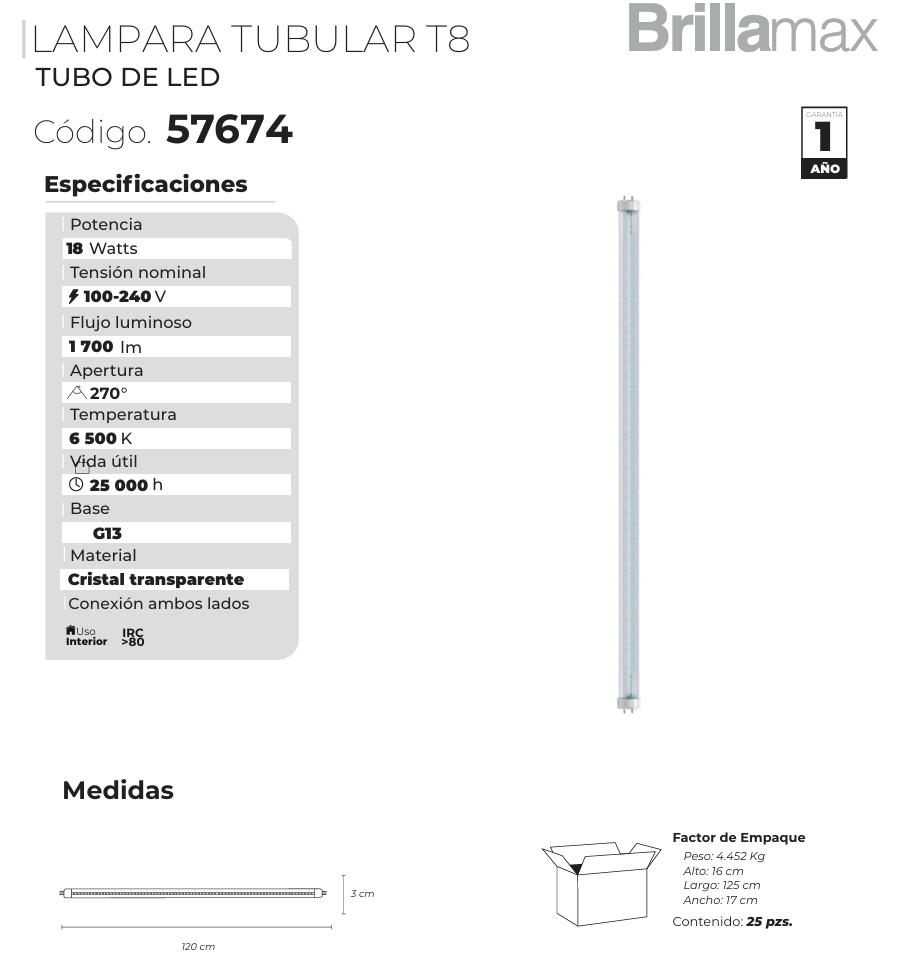 TUBO LED T8 TRANSPARENTE G13 18W 65K LUZ FRÍA PHILCO BRILLAMAX 57674 CONEXION 2 LADOS