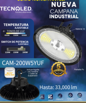 CAMPANA TIPO UFO 200W 85-277V TEMPERATURA AJUSTABLE 4000K 5300K 6500K CAM-200W5YUF