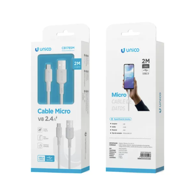 CABLE CARGADOR DE USB-A A MICRO USB DE 2.4A COLOR BLANCO DE 2MTS DE LARGO AIGOSTAR 695978