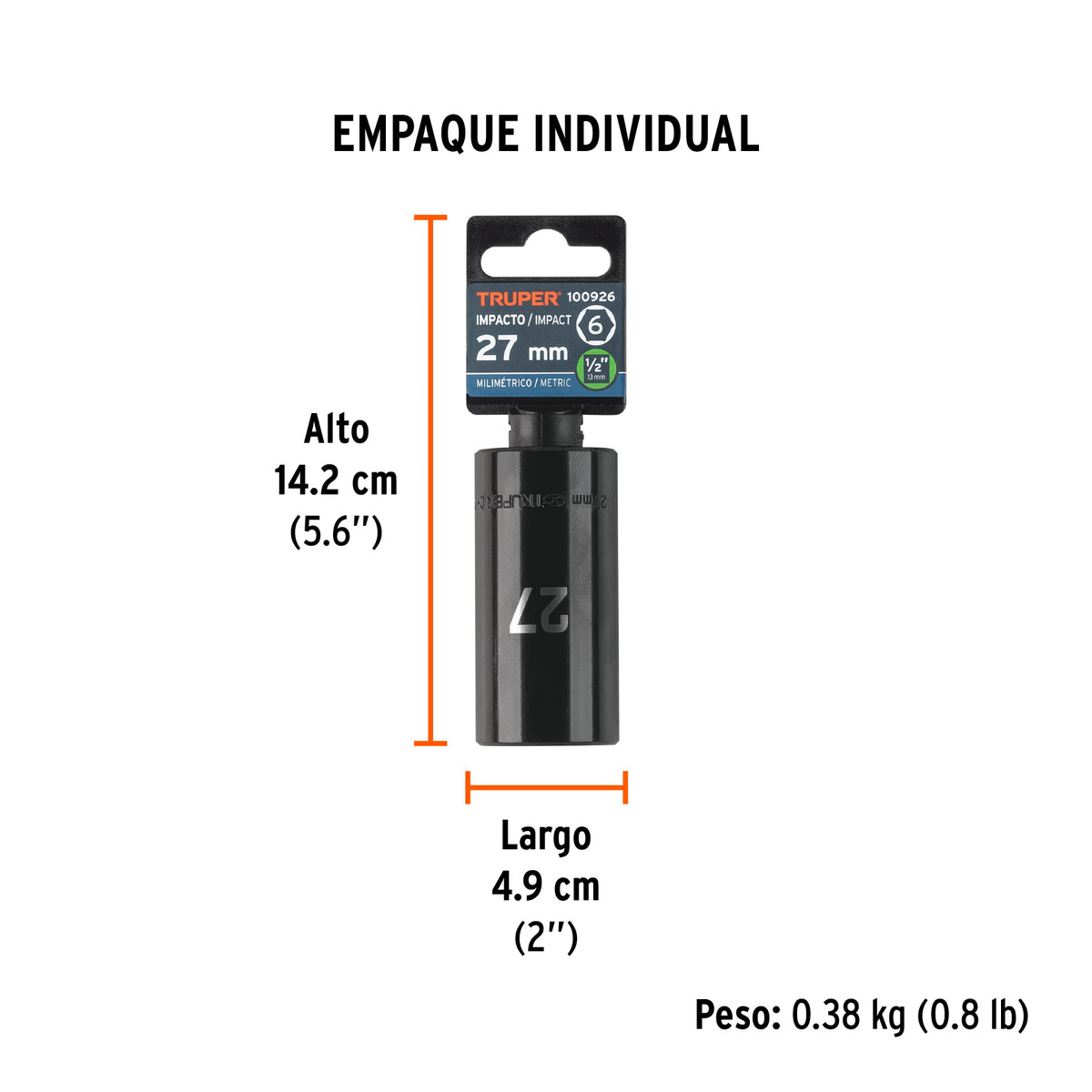 Dado largo impacto de 27 mm, 6 puntas, cuadro 1/2', TRUPER, Truper, SKU 100926 — vista 5