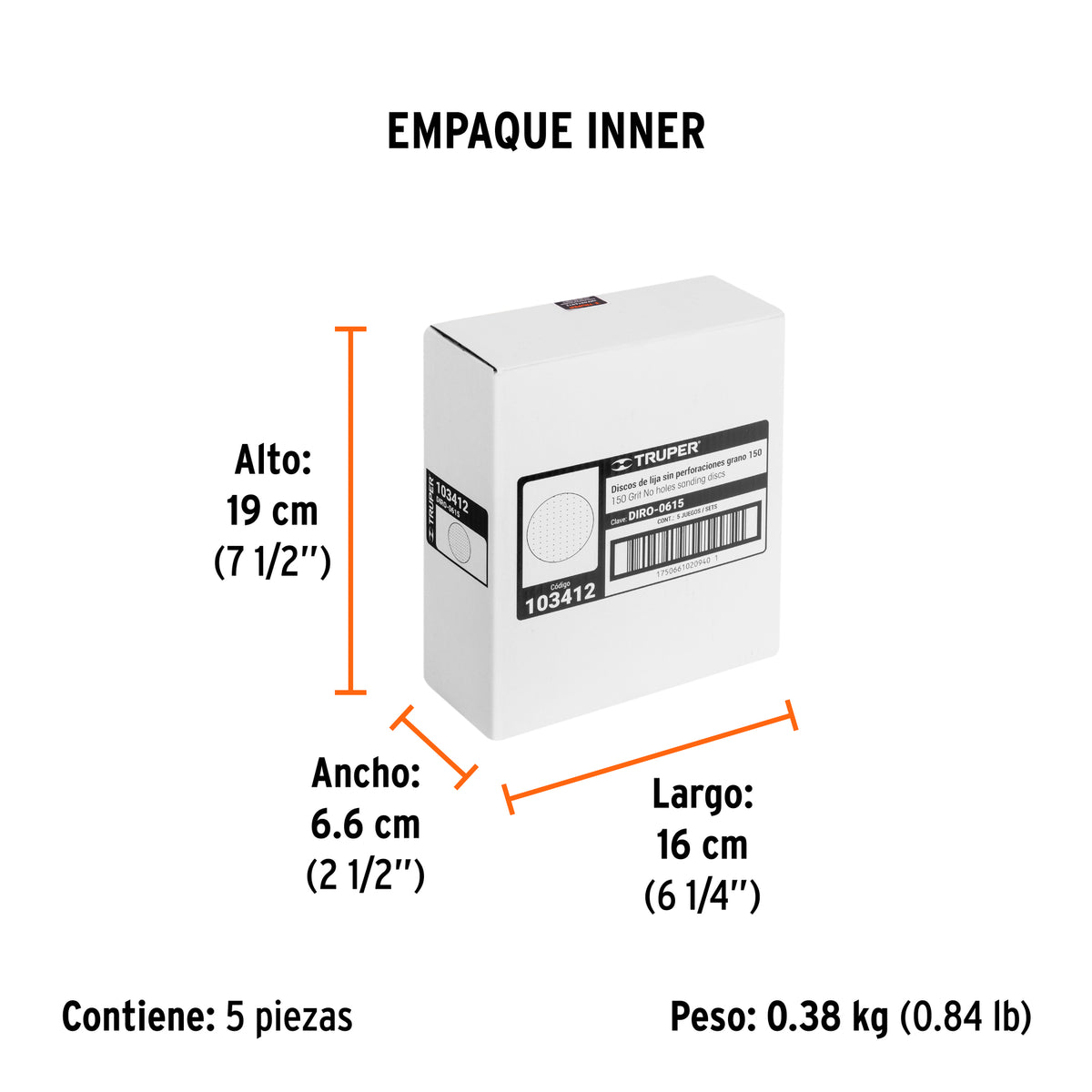 Paquete con 5 discos de lija 6' grano 150, ciegos, TRUPER, Truper, SKU 103412 — vista 6