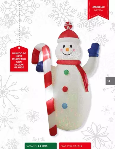 INFLABLE MUÑECO NIEVE ESTAMPADO CON BASTON GRANDE 2.40 MTS