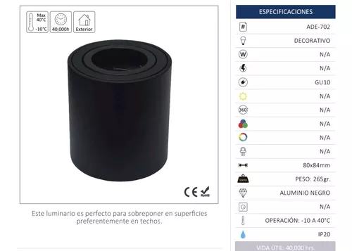 Luminario Decorativo Cilíndrico Negro 1xGU10 Techo Ade-702