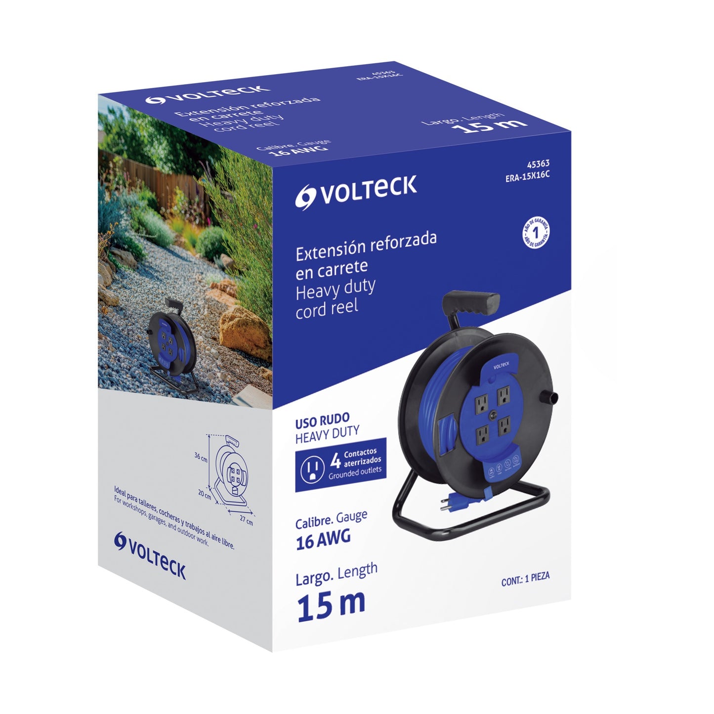 CARRETE EXTENSIÓN REFORZADA 15M 3X16 AWG AZUL VOLTECK 45363 ERA-15X16C