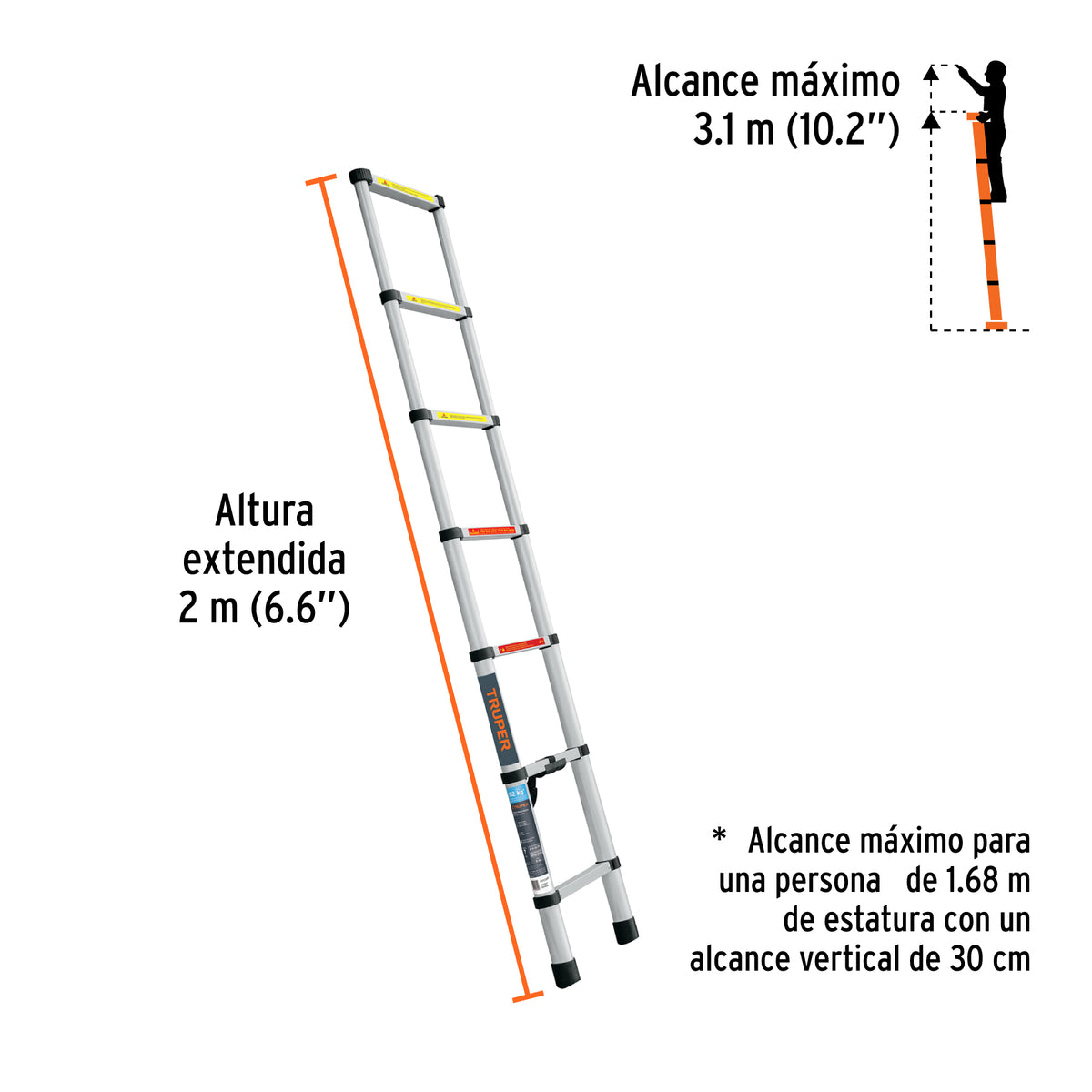 Escalera telescópica, 7 peldaños, tipo II, capacidad 102kg, Truper, SKU 101903 — vista 4