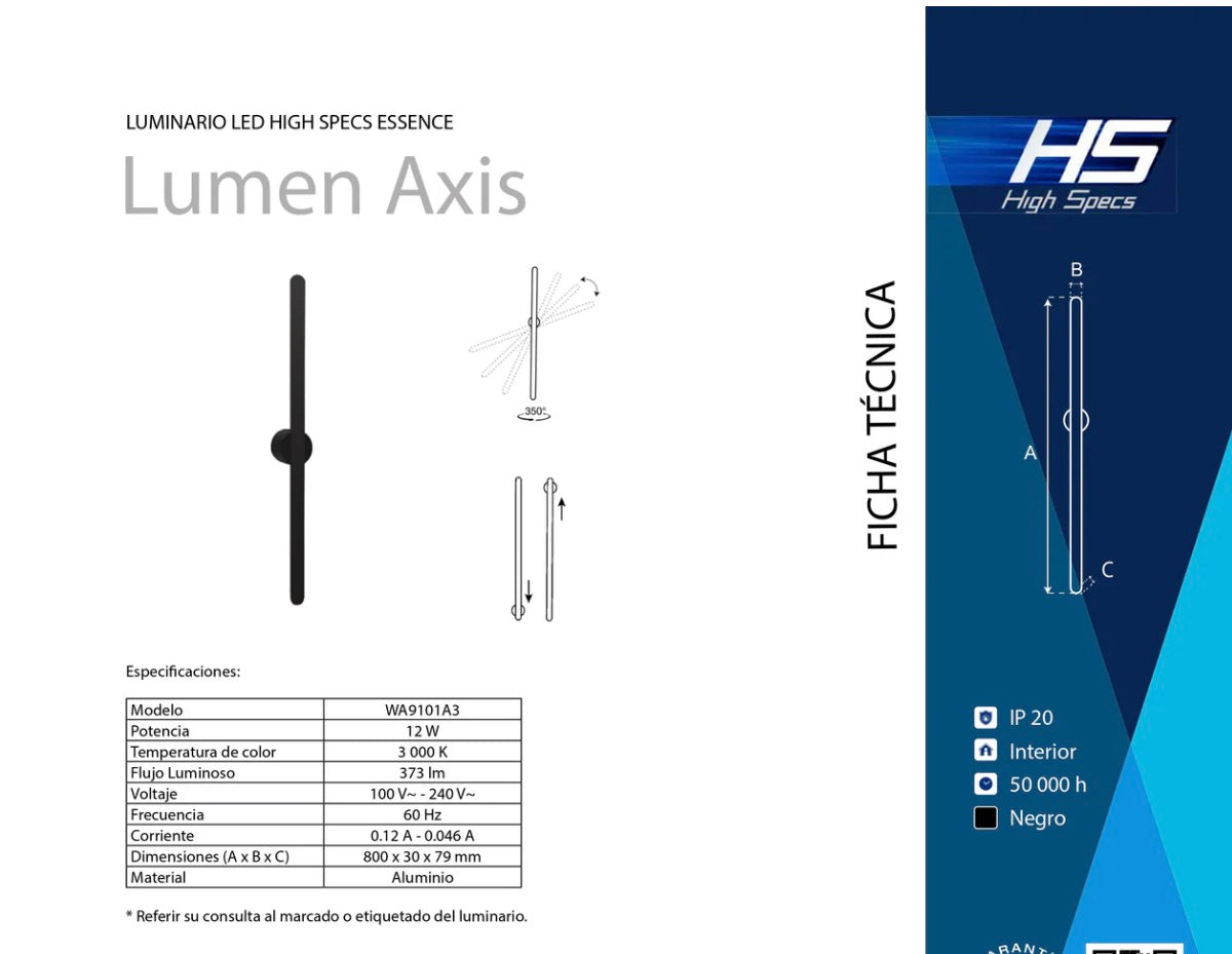 LÁMPARA DE MURO LINEAL NEGRO 12W 822LM 30K LUZ CÁLIDA BOOMER WA9101A3