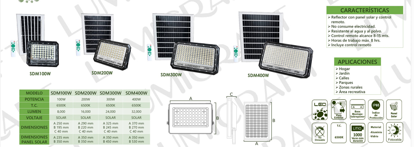 REFLECTOR SOLAR IP66 400W 65K LUZ FRÍA LUMICRAFT SMD400W