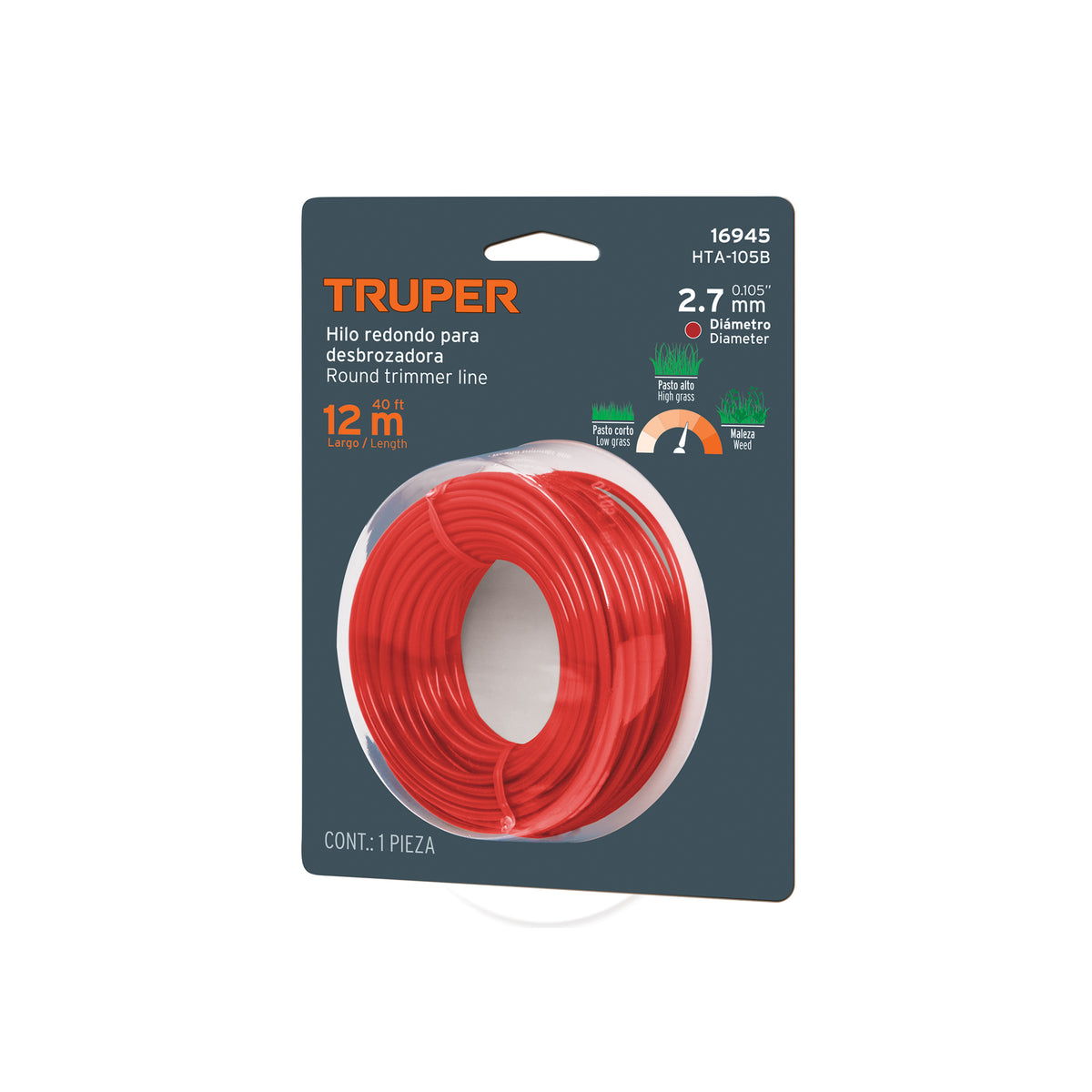Hilo redondo para desbrozadora 2.7mm x12m tarjeta TRUPER — foto oficial 1