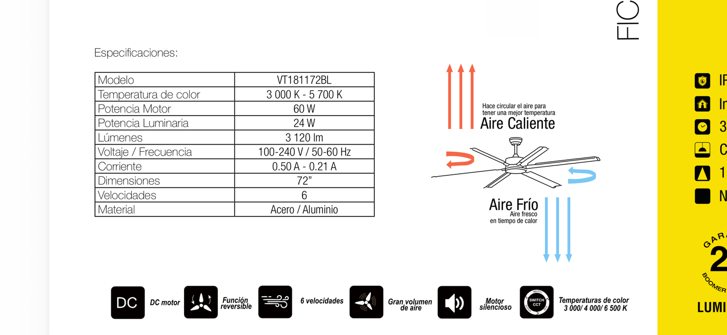 VENTILADOR INDUSTRIAL BLACK 72" NEGRO CON ILUMINACIÓN CCT MULTI TEMPERATURA BOOMER VT181172BL