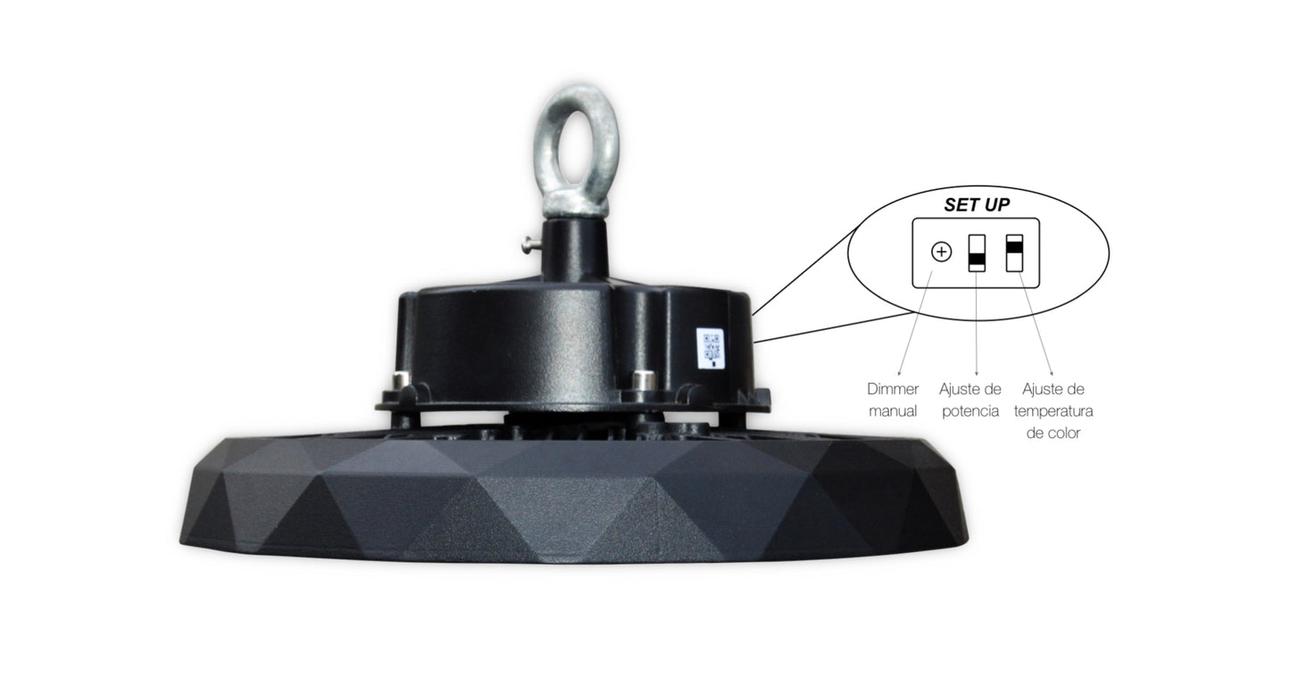 CAMPANA INDUSTRIAL LED TIPO UFO ATENUABLE 9O WATTS, 120 WATTS Y 150 WATTS DE 170 LUMENS X WATT BOOMER VERSA 5 AÑOS DE GARANTIA CCT TONO DE LUZ AJUSTABLE 4000°K 5500°K Y 6500°K HB01019C