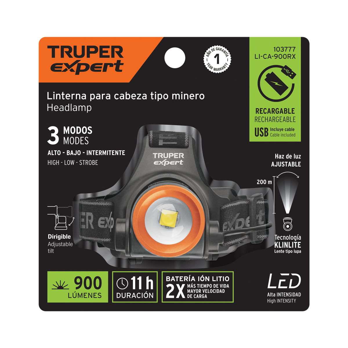 Linterna de minero LED 900 lm, recargable, TRUPER EXPERT — foto oficial 2