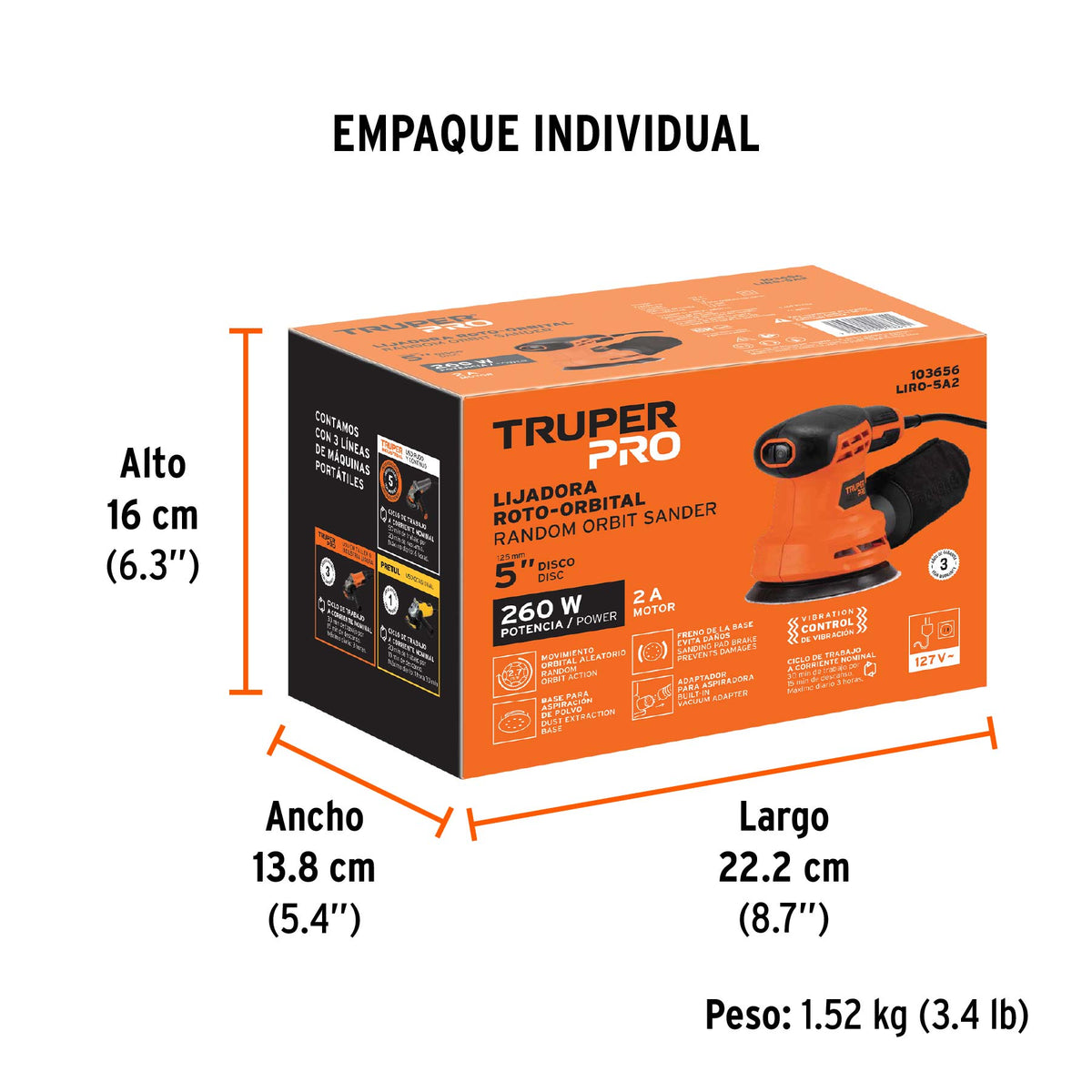 Lijadora roto orbital 5', 260W, TRUPER PRO, Truper, SKU 103656 — vista 5