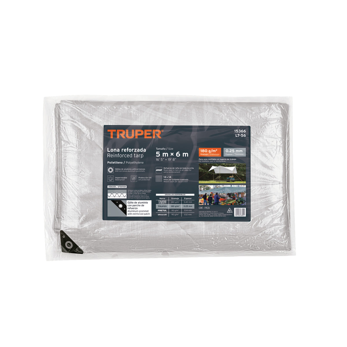 Lona de polietileno reforzada 5 x 6 m gris 180g/m2 TRUPER — foto oficial 2