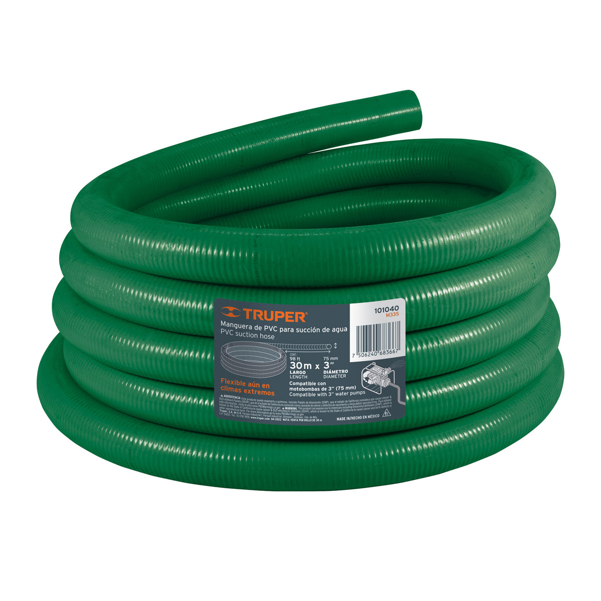 Manguera de succión y descarga 3' para motobomba, rollo 30m, Truper, SKU 101040