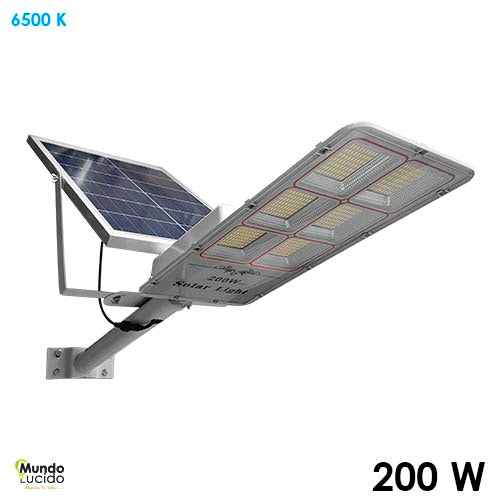 STREET LIGHT LED SOLAR INCLINADO BRAZO Y PANEL LAMPARA Y HERRAJES 200W 6VDC 65K IP65