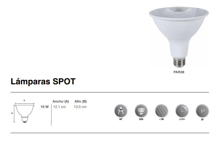 LAMPARA LED PAR38 15W 6500K 100-265V E27 CUELLO LARGO ICON PAR3815W65KMVLN LUZ FRIA
