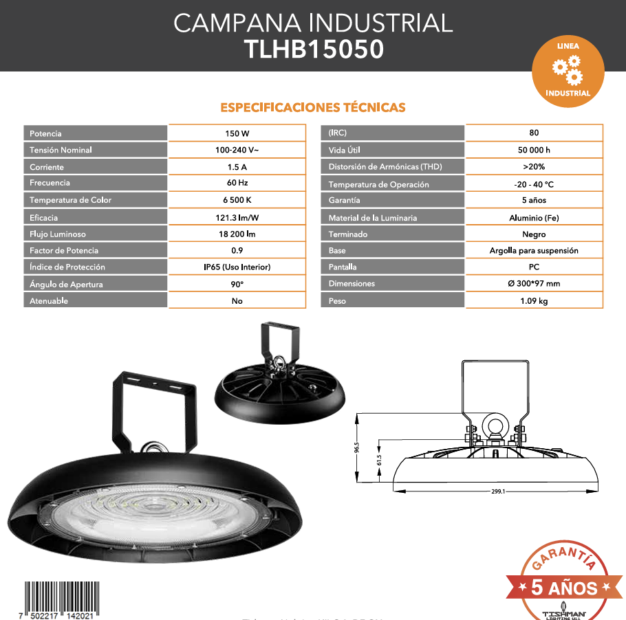 CAMPANA INDUSTRIAL UFO 150W 18200LM 65K LUZ FRÍA TISHMAN TLHB15050