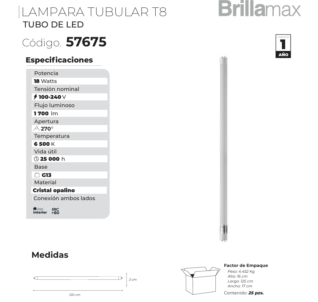 TUBO LED T8 CRISTAL OPALINO G13 AMBOS LADOS 18W 65K LUZ FRÍA BRILLAMAX 57675