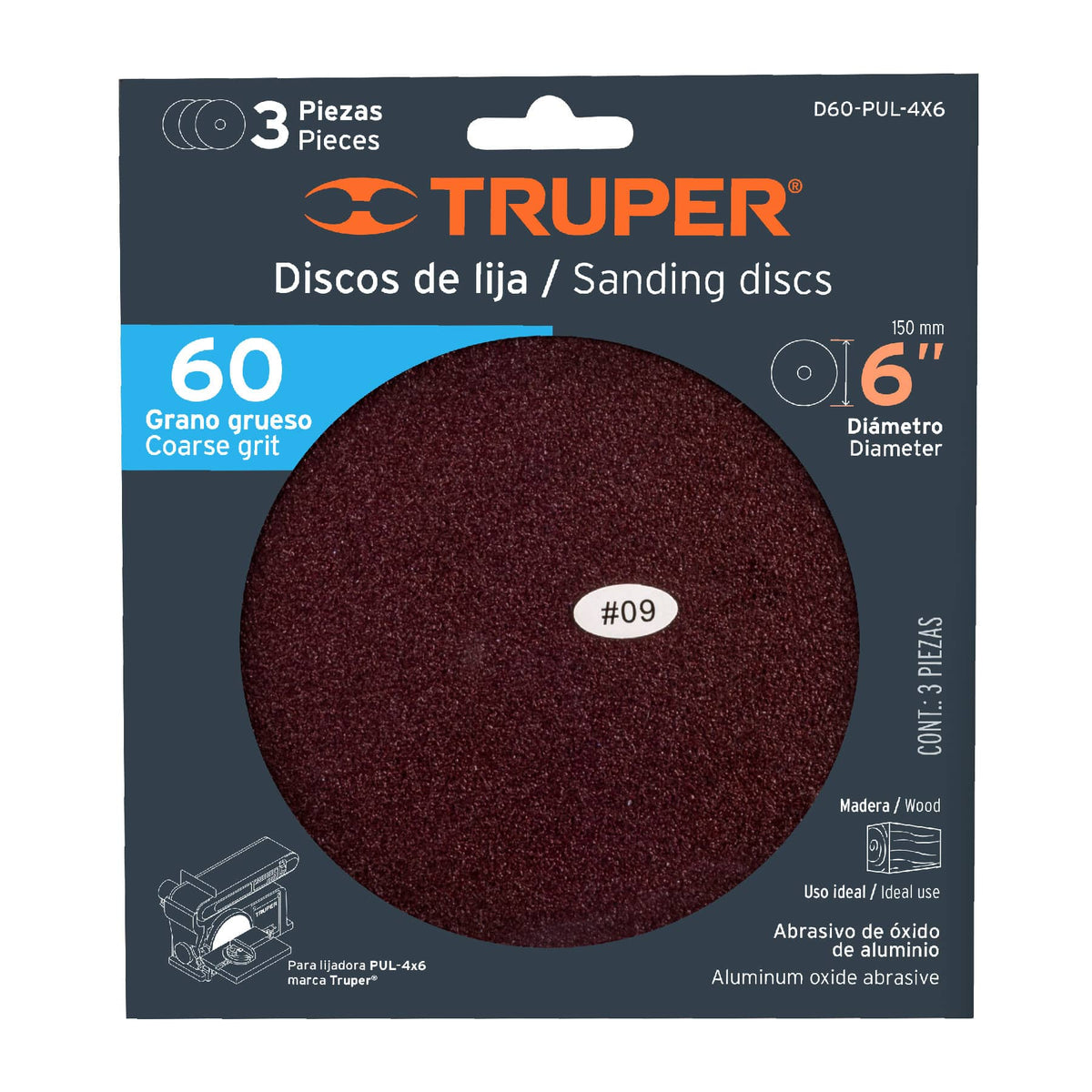 PAQUETE CON 3 DISCOS DE LIJA 6' GRANO 60 PARA PUL-4X6T 16163 D60-PUL-4X6 - vista adicional