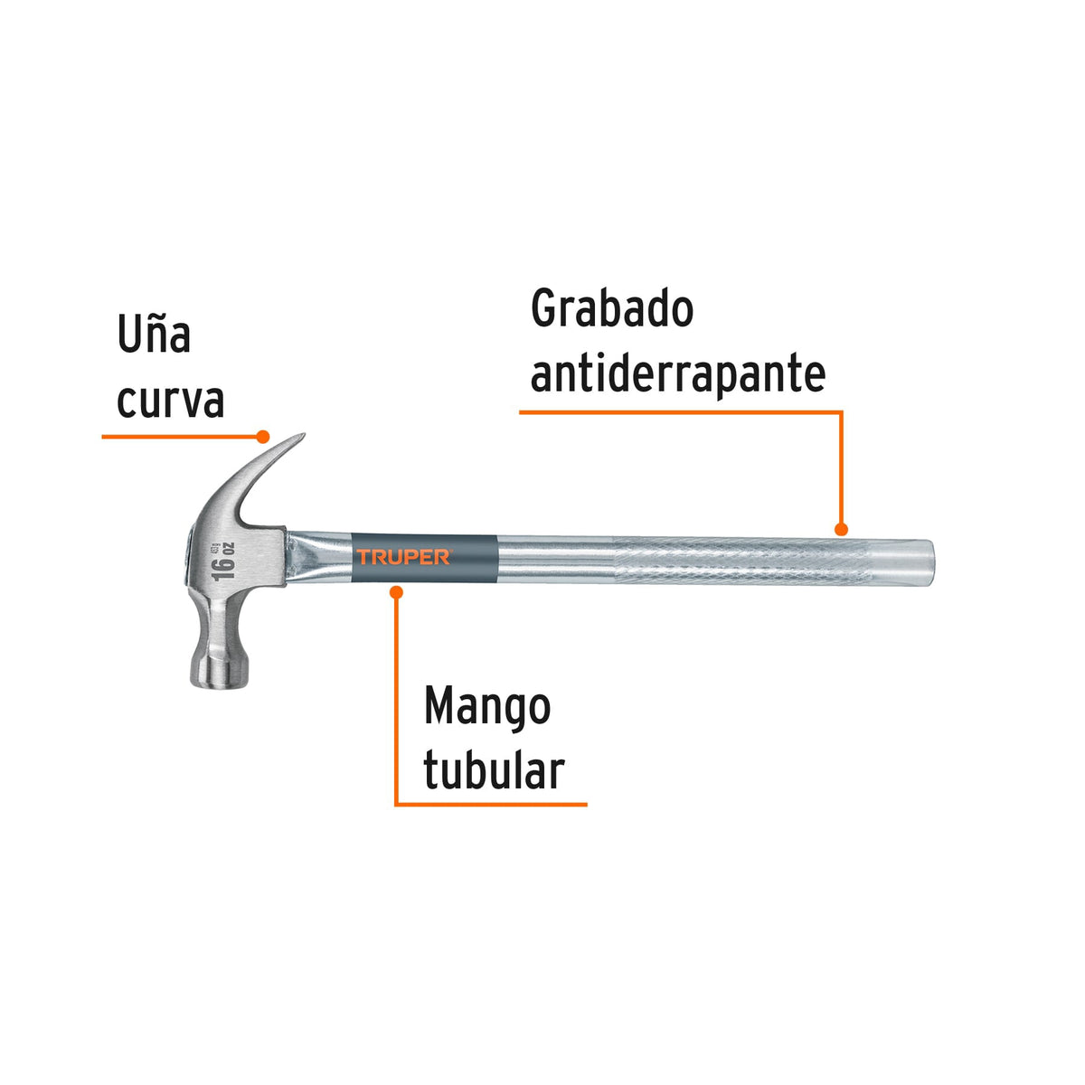 MARTILLO TUBULAR PULIDO 16 OZ UÑA CURVA TRUPER 16701 MT-16