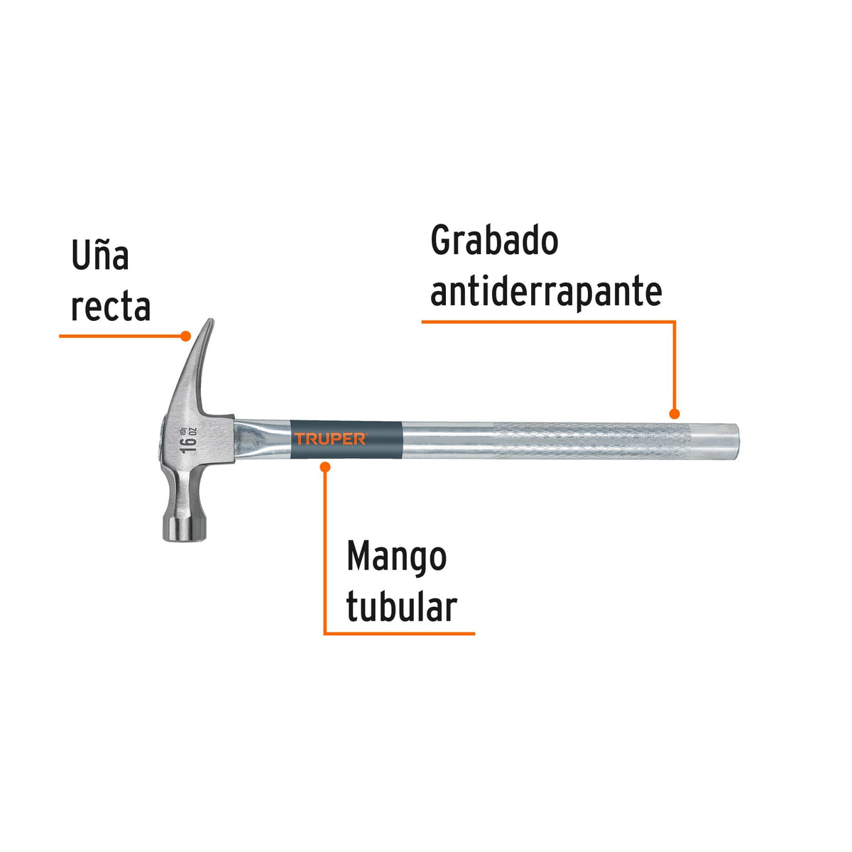 MARTILLO TUBULAR PULIDO 16 OZ UÑA RECTA TRUPER 16702 MTR-16